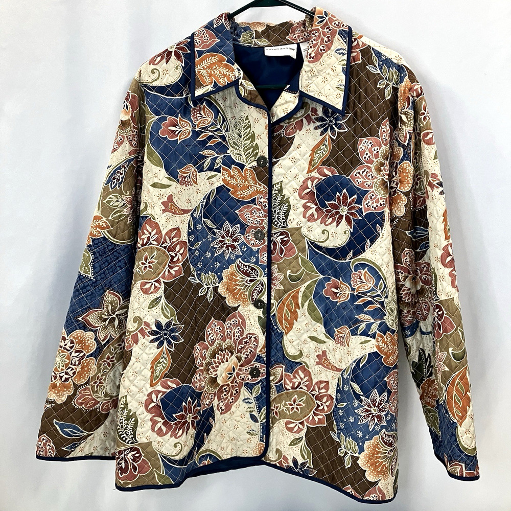 Quilted Silk Floral Jacket Women’s Sz 18 Button Up Cottage 90s Alfred Dunner